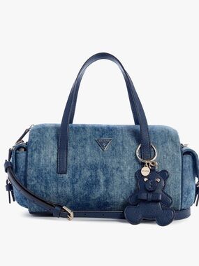 GUESS Kassie Small Box Satchel Denim Blue Crossbody Bag Charm NWT